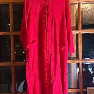 Vibrant Red Button-Down hooded linen jacket